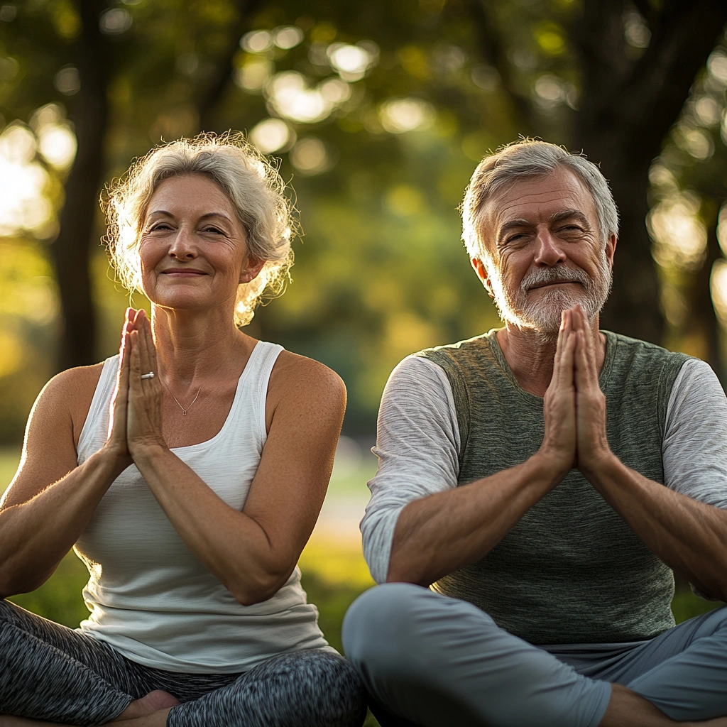 Старше подружжя практикує йогу в парку